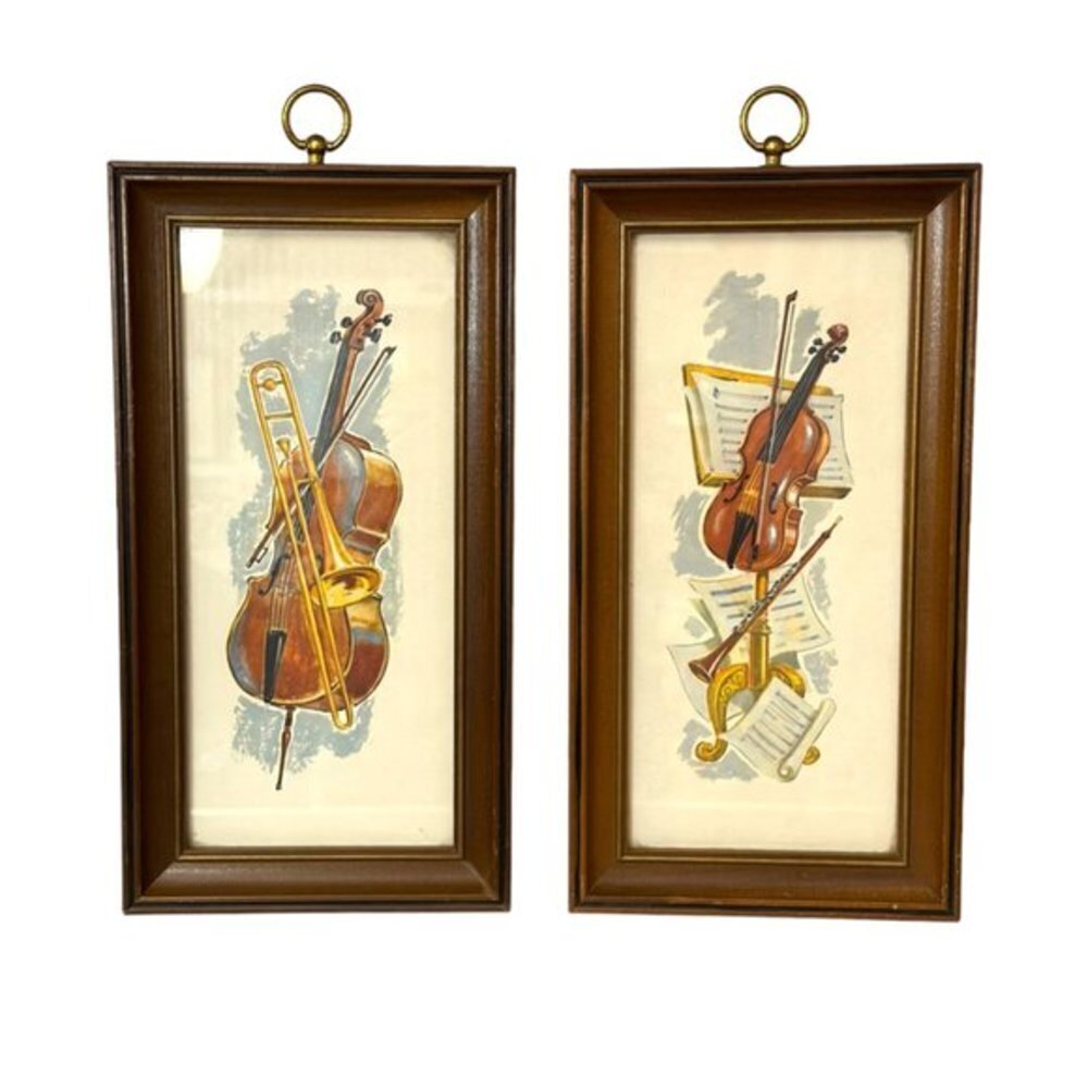 Vintage Pair Mid-Century A Lambert Orchestra Musical Instrument Framed Print EUC